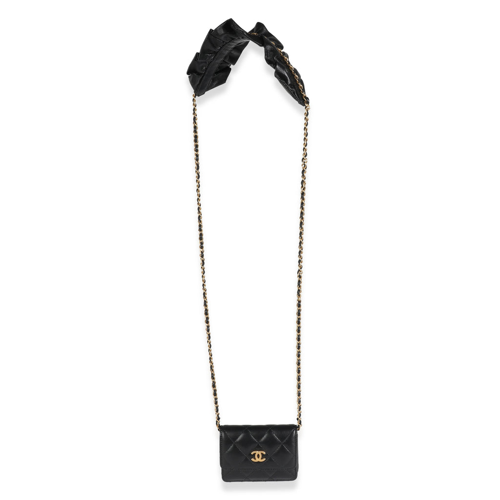 Chanel Black Quilted Lambskin Ruffled Card Holder On Chain Handbag clasp