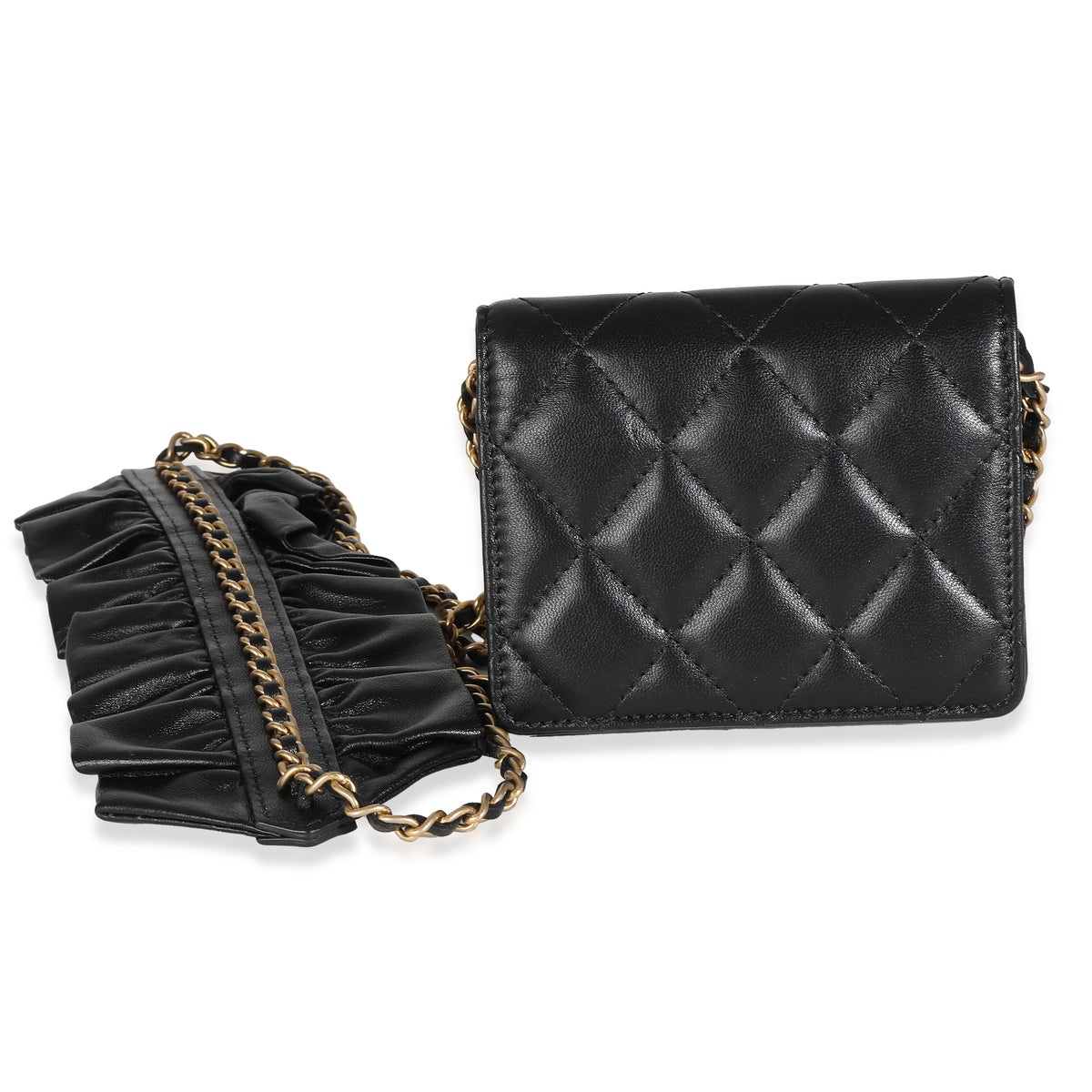 Chanel Black Quilted Lambskin Ruffled Card Holder On Chain Handbag pv