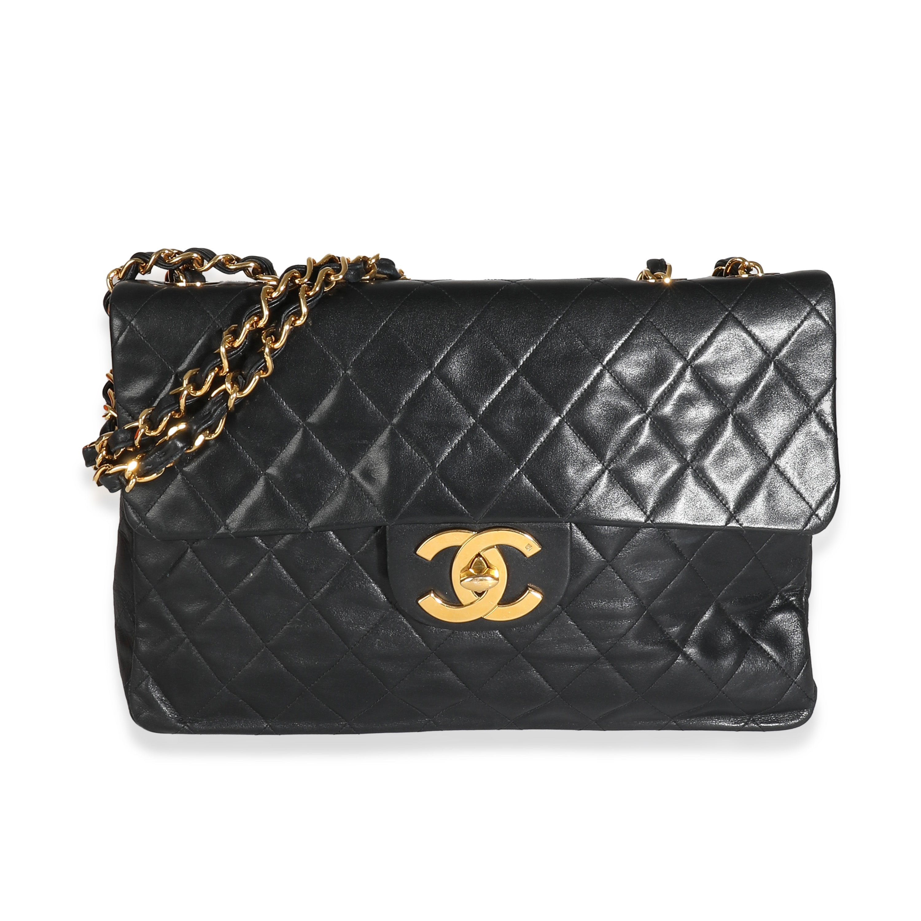 Chanel Vintage 24K Black Quilted Lambskin Maxi XL Flap Bag Handbag fv
