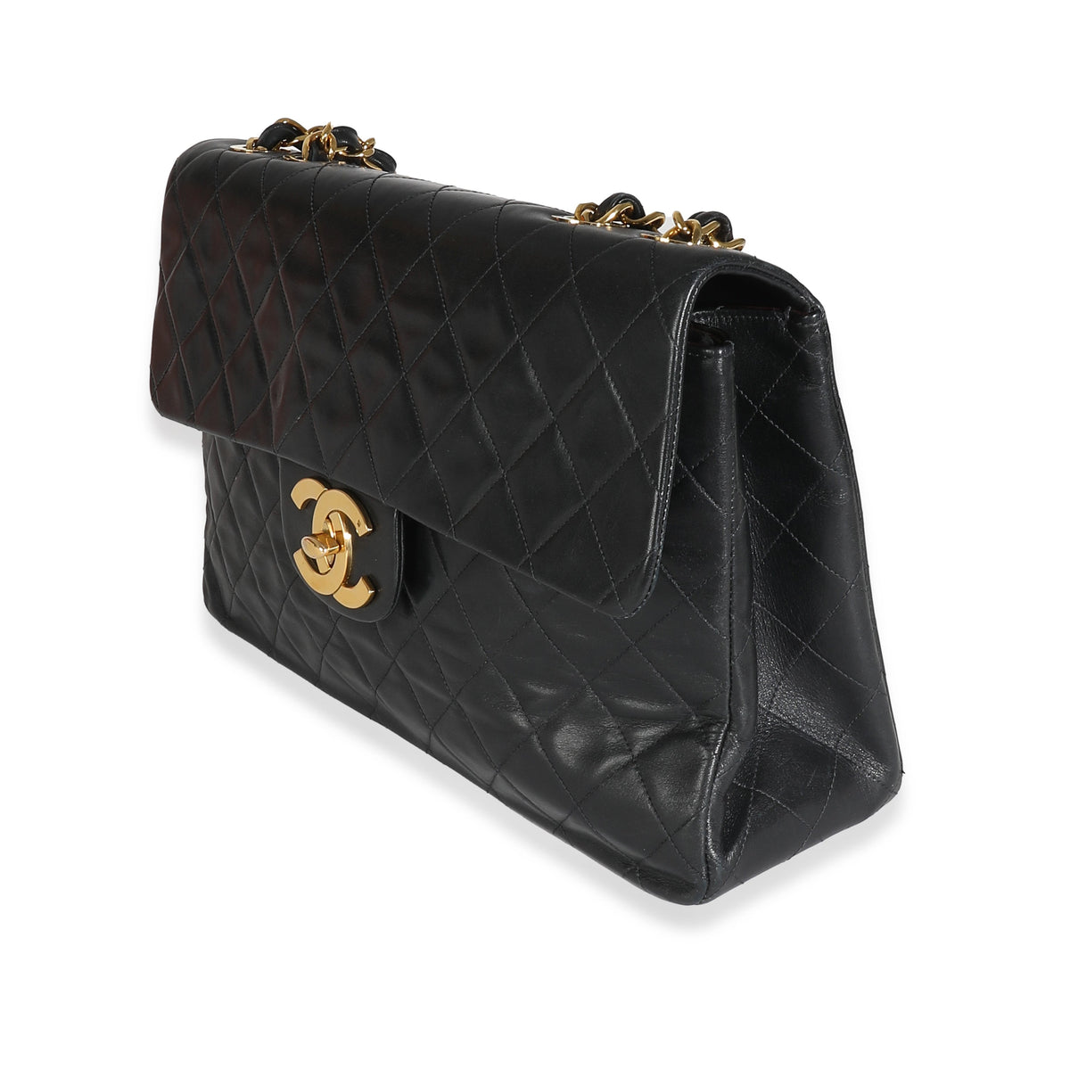 Chanel Vintage 24K Black Quilted Lambskin Maxi XL Flap Bag Handbag sv