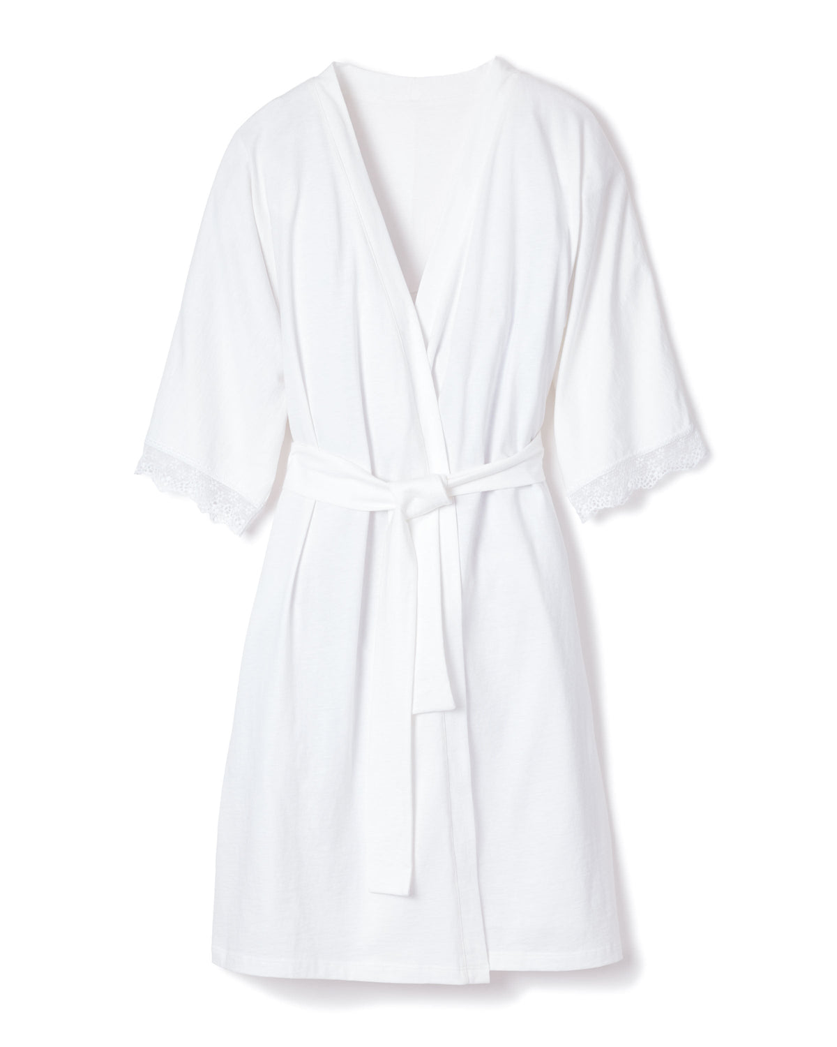 Front view of Women’s Pima Robe with Lace in White showcasing lace-trimmed three-quarter sleeves and tie belt on white
