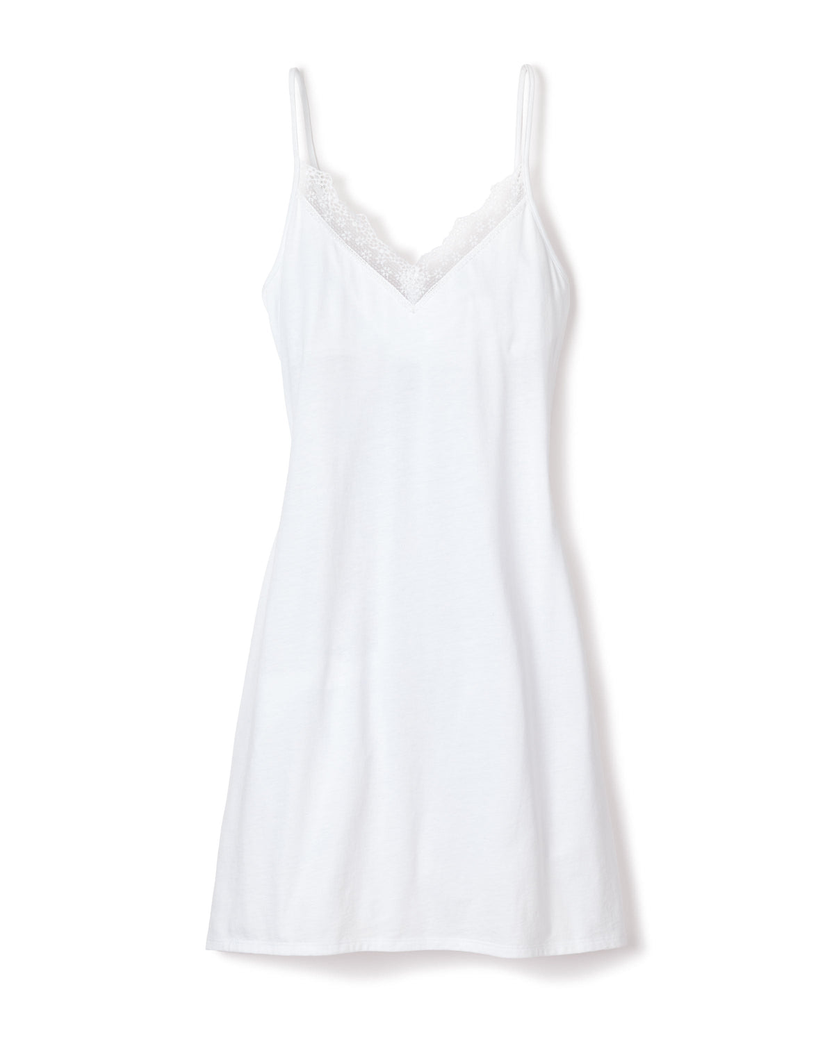 Front view of Women’s Pima Nightgown with Lace in White showcasing lace trim and spaghetti straps on a white background