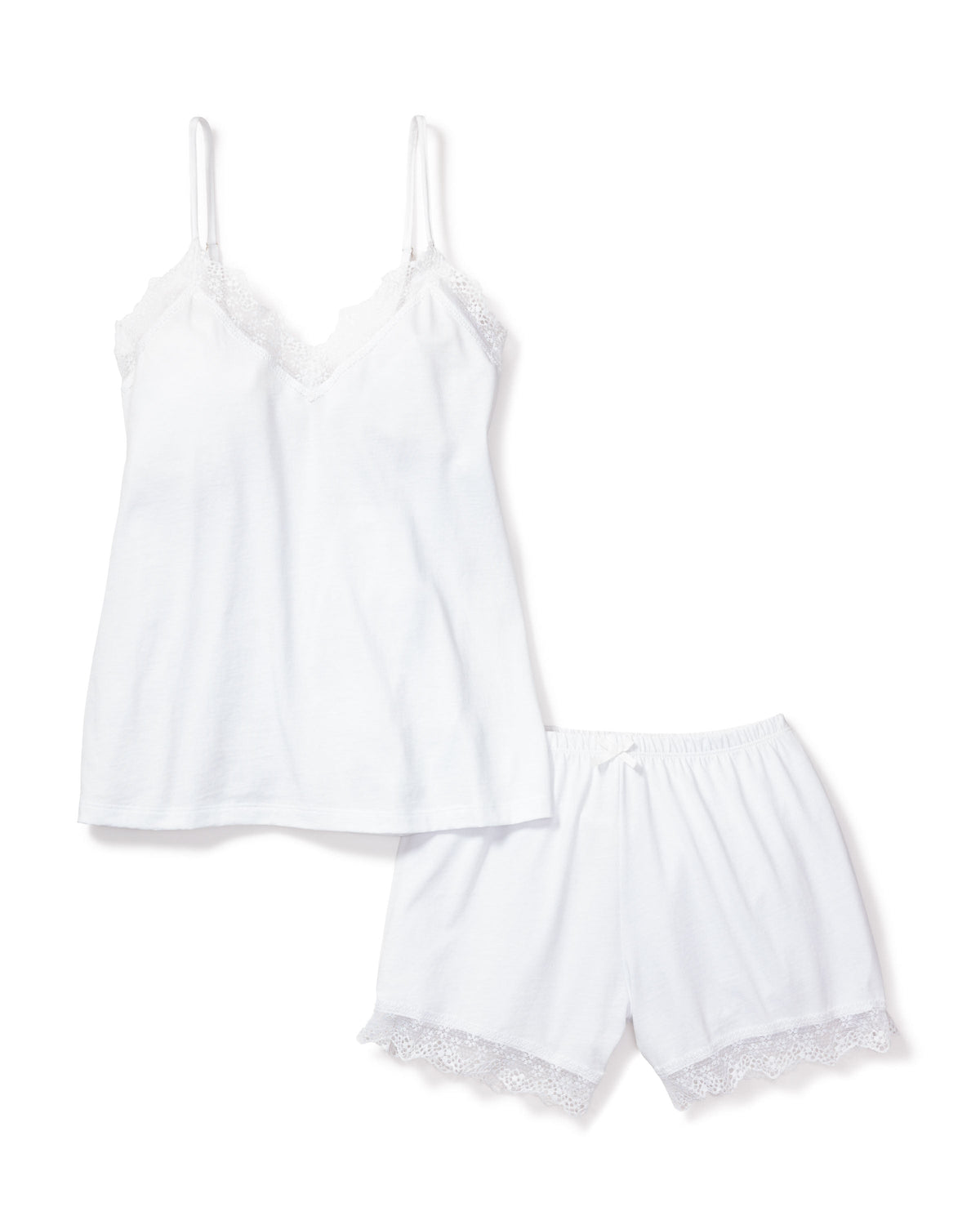 Front view of Women’s Pima Cami Short Set with Lace in White showcasing lace trim on a white background