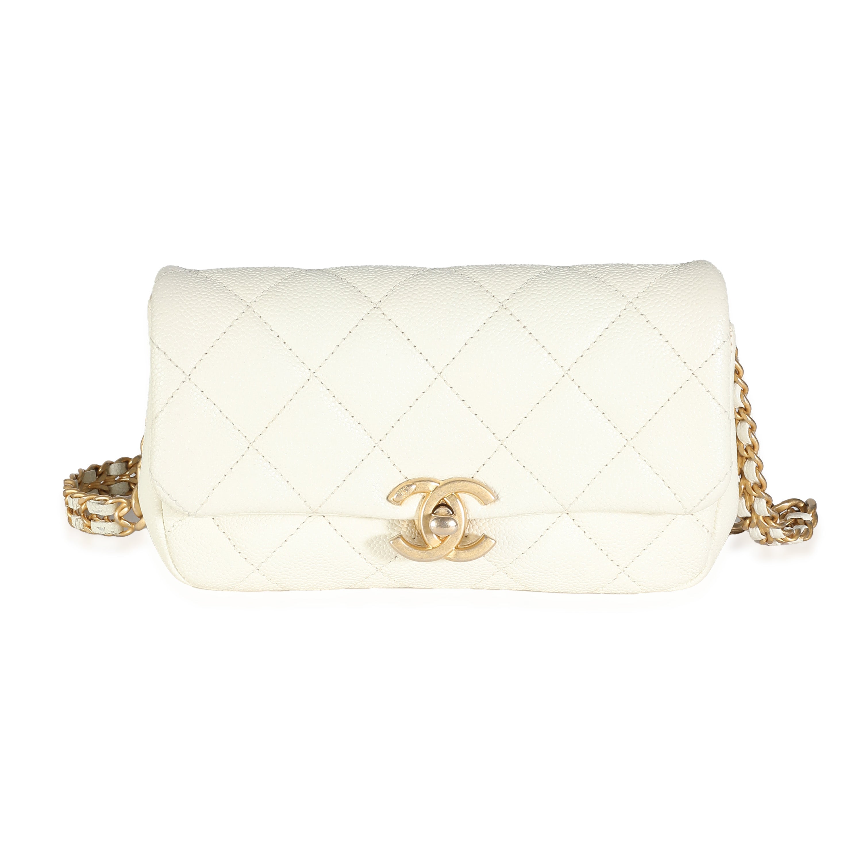 Chanel White Quilted Caviar Chain Melody Waist Belt Bag