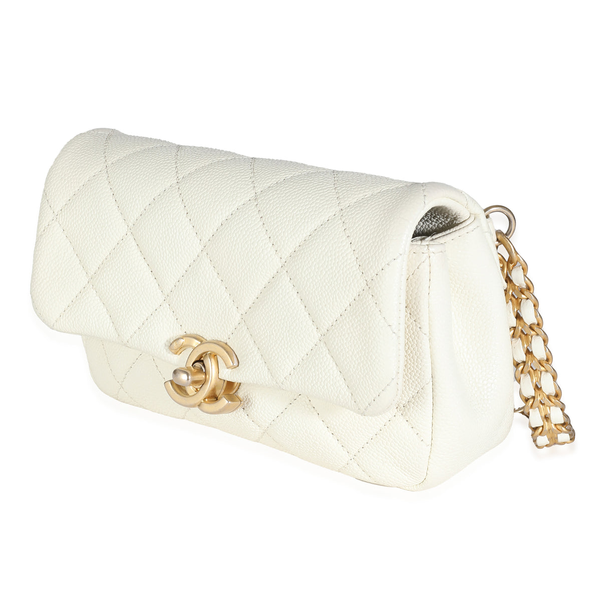 Chanel White Quilted Caviar Chain Melody Waist Belt Bag