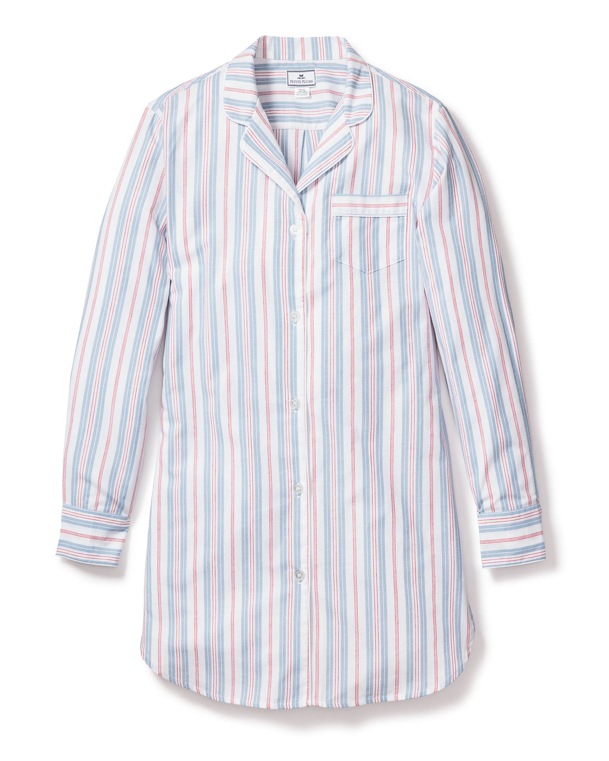 Front view of Women’s Twill Nightshirt in Vintage French Stripes showcasing blue and red stripes, button front, and chest pocket on a white background
