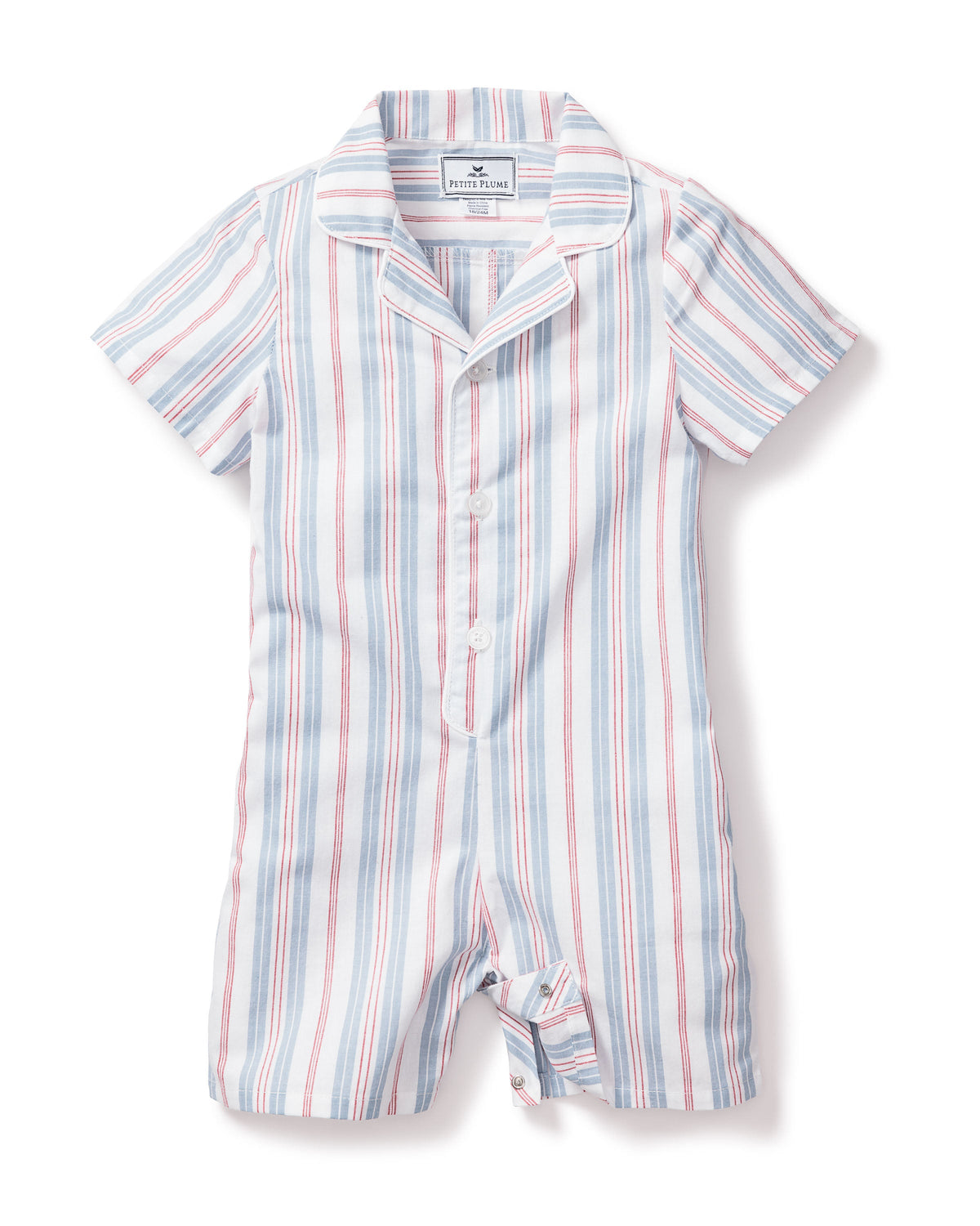 Front view of Baby’s Twill Summer Romper in Vintage French Stripes showcasing a collared button front with a white background