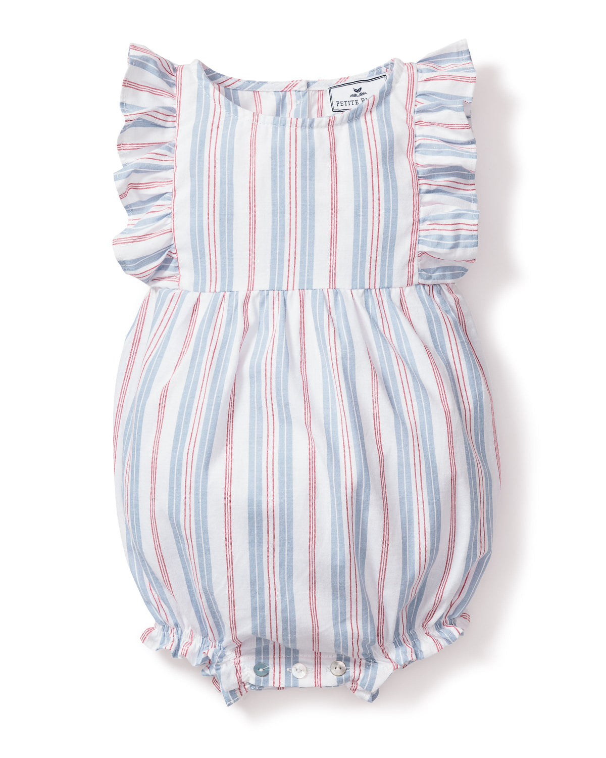 Front view of Baby’s Twill Ruffled Romper in Vintage French Stripes showcasing ruffled sleeves and pearl buttons on a white background