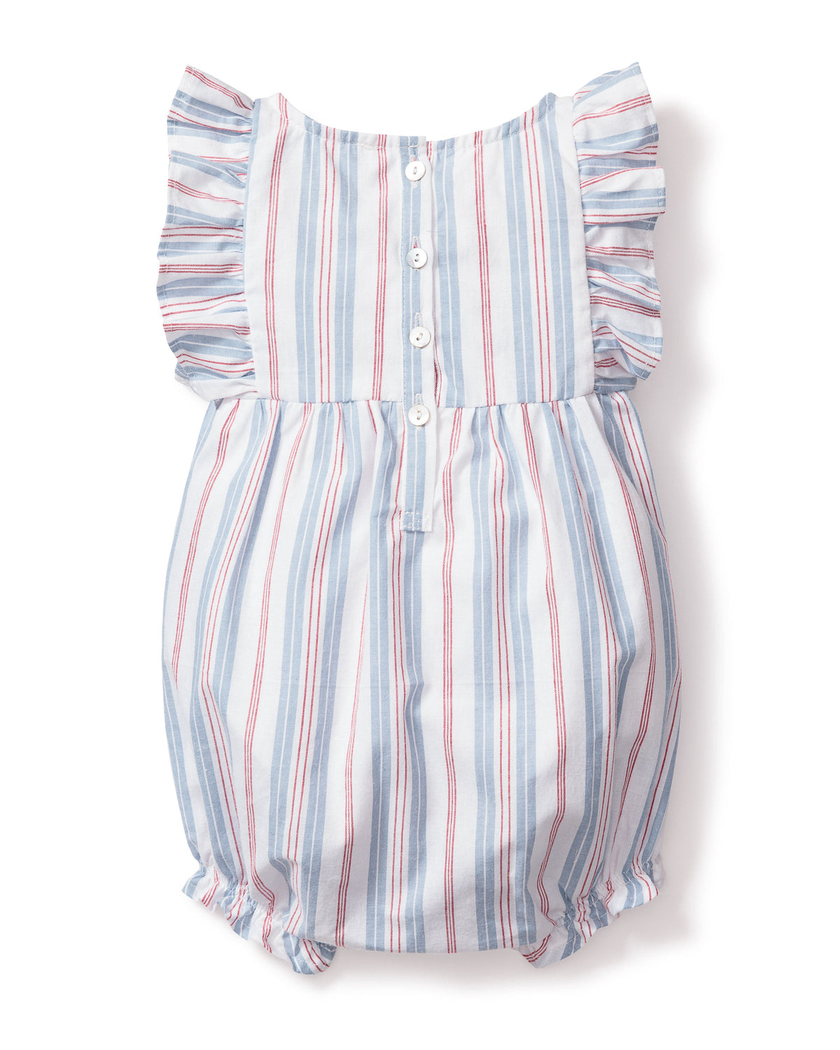 Front view of Baby’s Twill Ruffled Romper in Vintage French Stripes with ruffled sleeves and pearl buttons