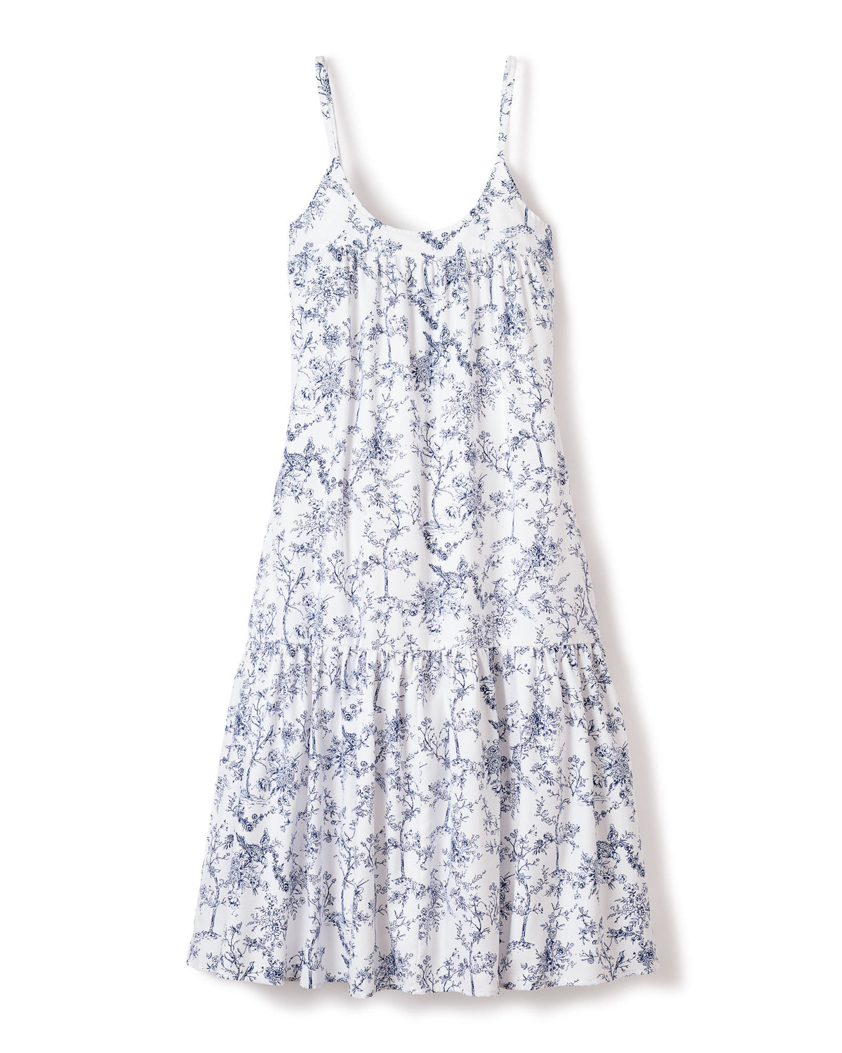 Front view of Women’s Twill Chloé Nightgown in Timeless Toile with delicate vintage print and wide ruffle hem on white