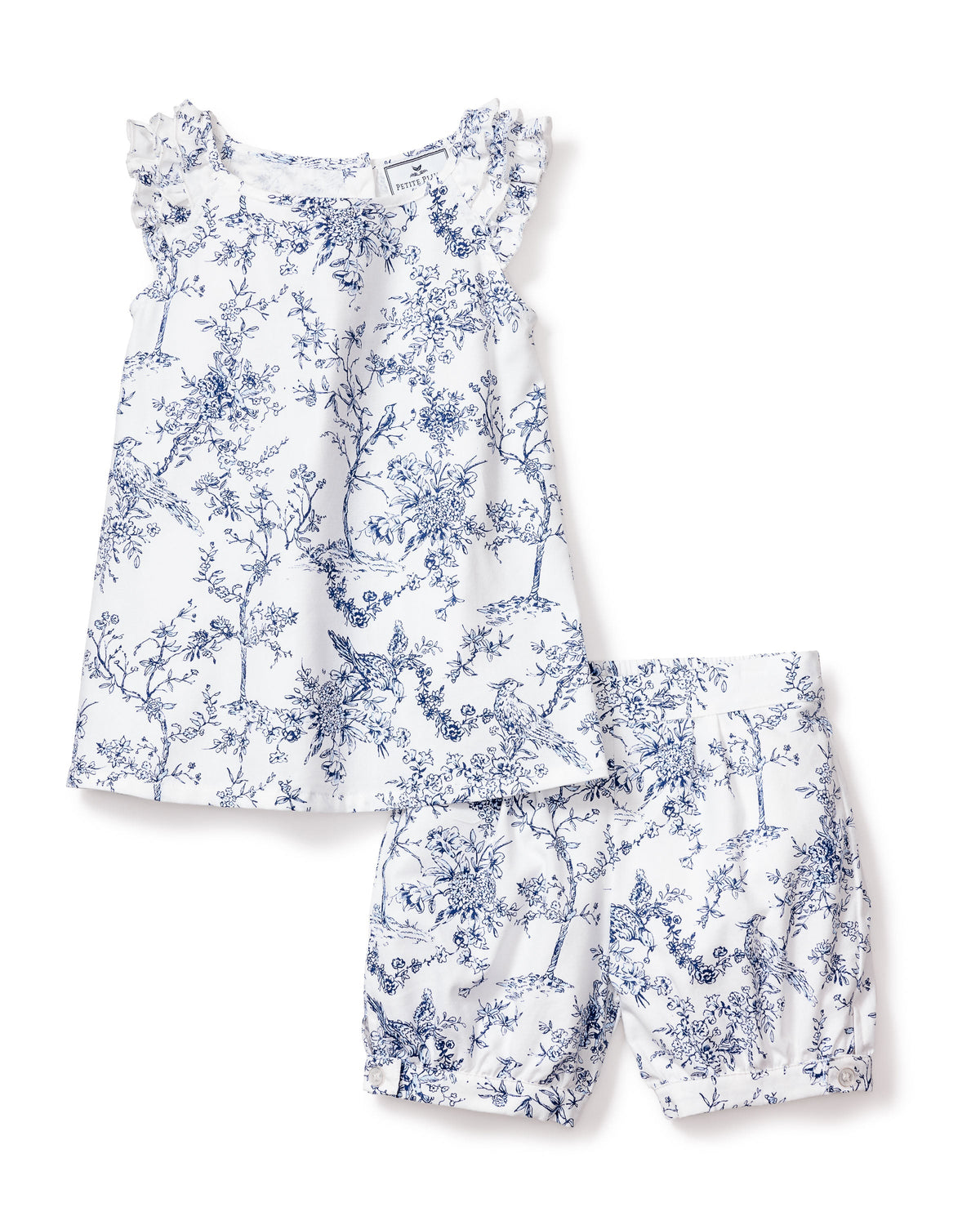 Flat lay of Girl’s Twill Amelie Short Set in Timeless Toile showcasing blue floral toile print and ruffled sleeves