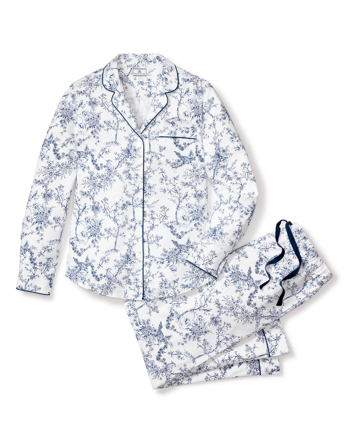 Front view of Women’s Twill Pajama Set in Timeless Toile showcasing blue botanical print and navy piping on white background