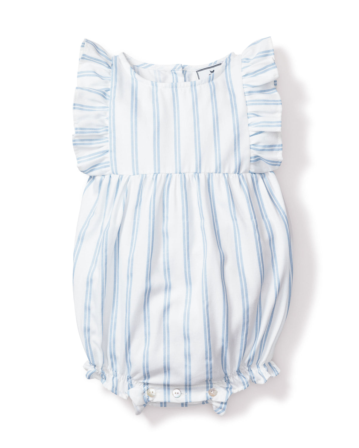 Front view of Baby’s Twill Ruffled Romper in Periwinkle Stripe showcasing ruffled sleeves and pearl buttons with white background