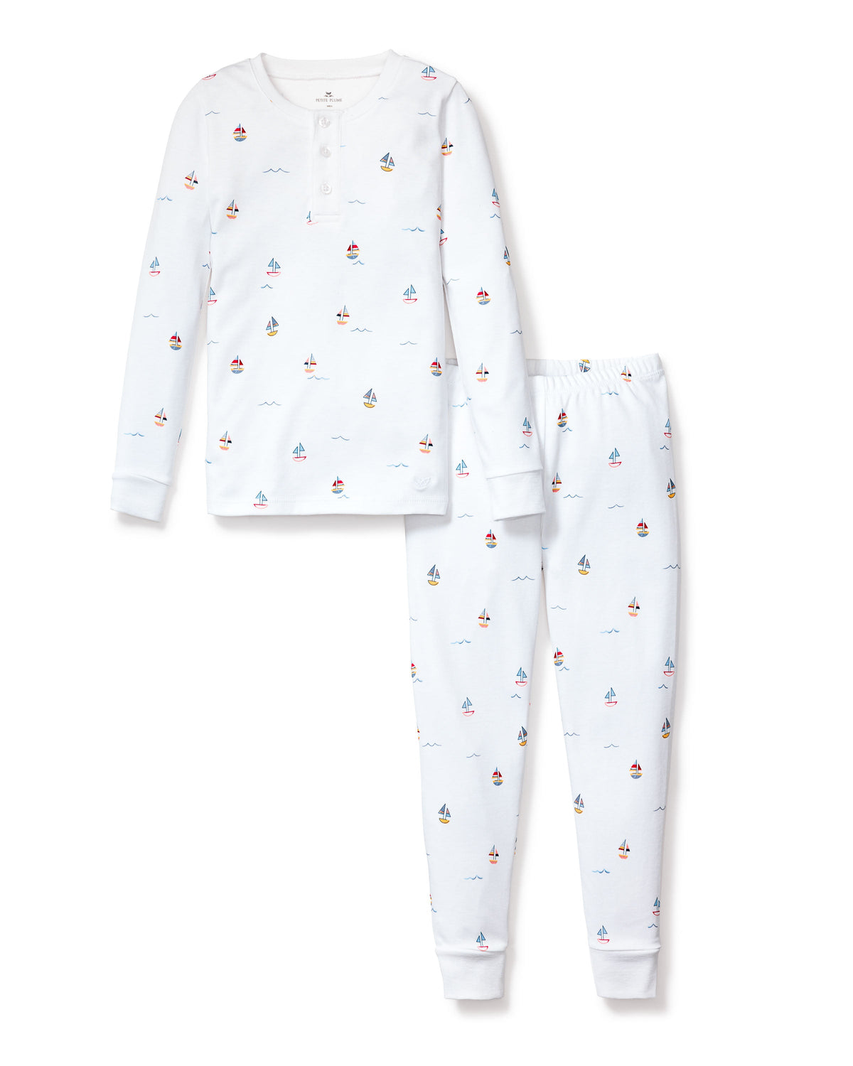 Front view of Kid’s Pima Snug Fit Pajama Set in Bateau showcasing colorful sailboat print with white background