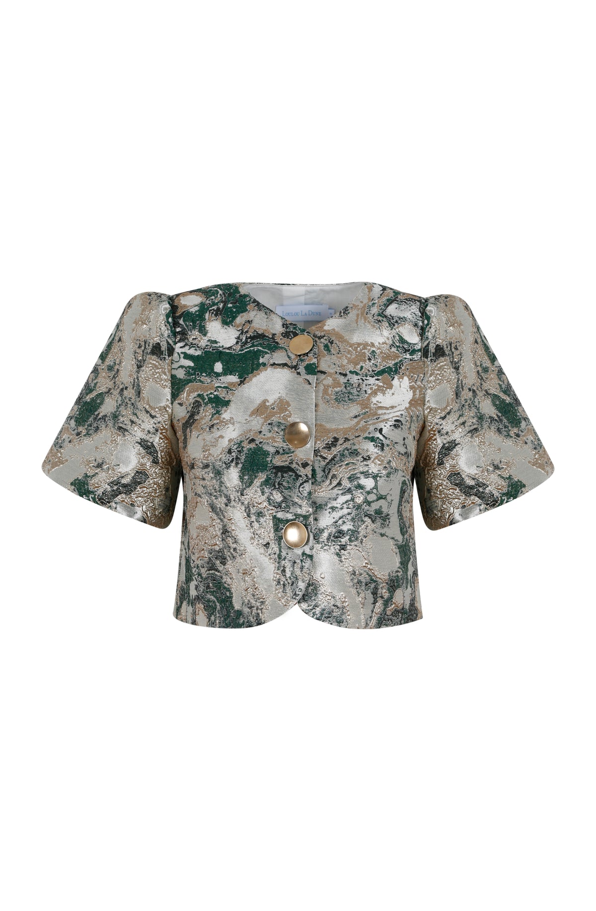Front view of Emilia Set puff sleeve top showcasing green and beige brocade, gold buttons, and curved hem on white background