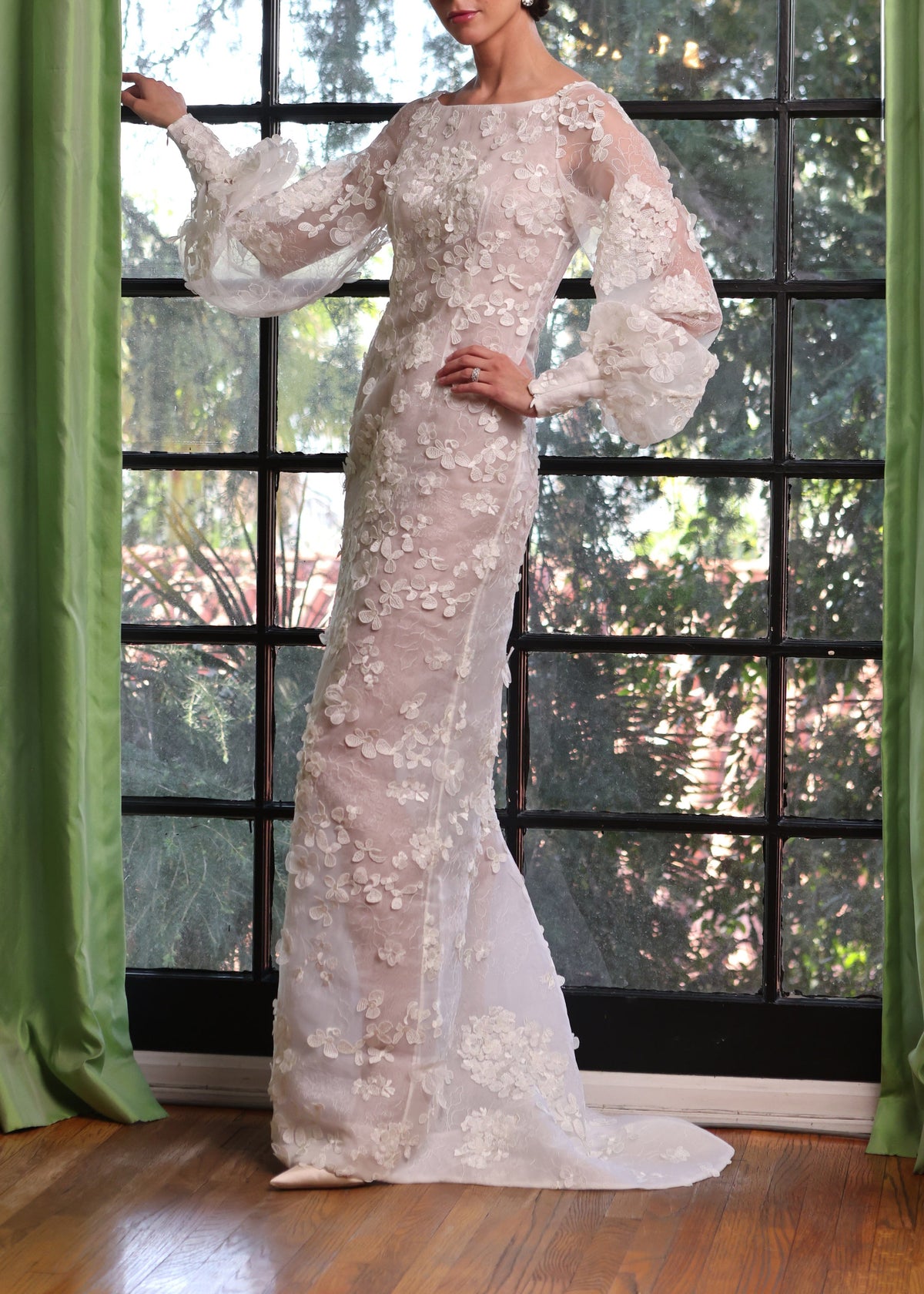 Full Sleeve Gown in Italian Crème Embroidered Applique