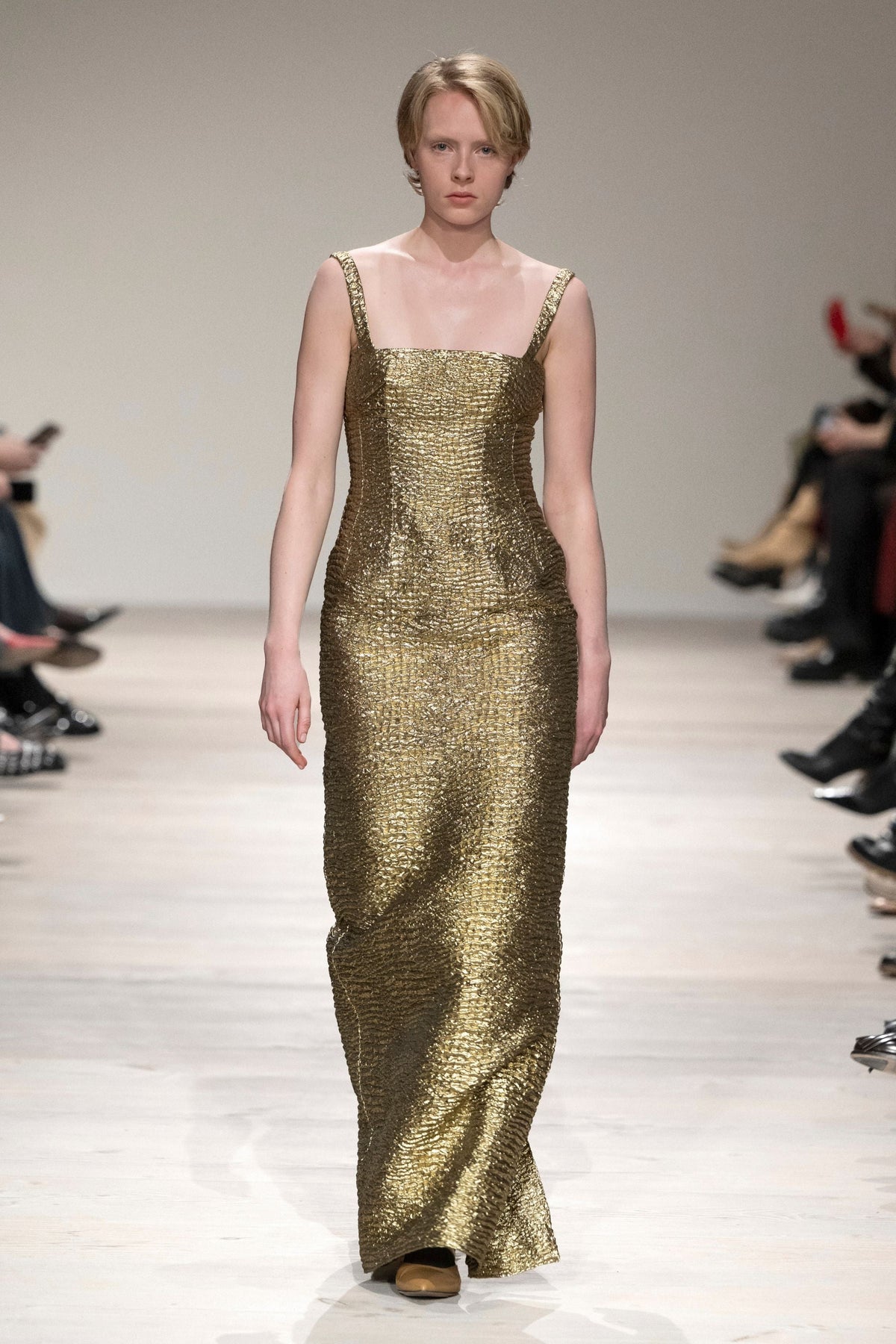 Micheline Dress in Gold Metallic Seersucker