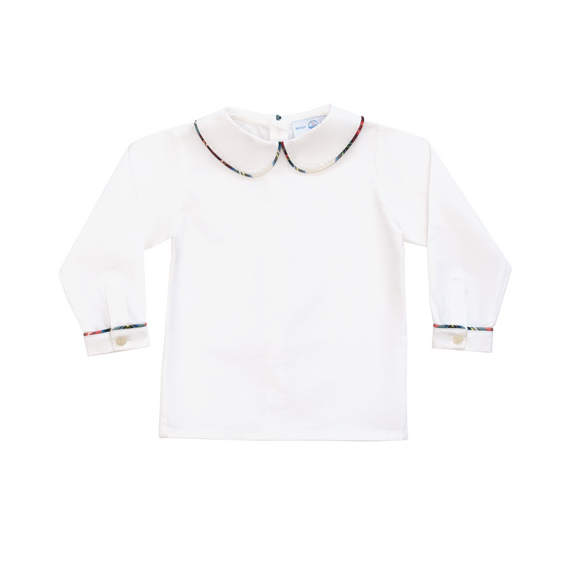 Classic white Peter Pan collar top highlighted with bold Townsend Tartan trim. A signature holiday piece from Henry Duvall’s Holiday Collection.