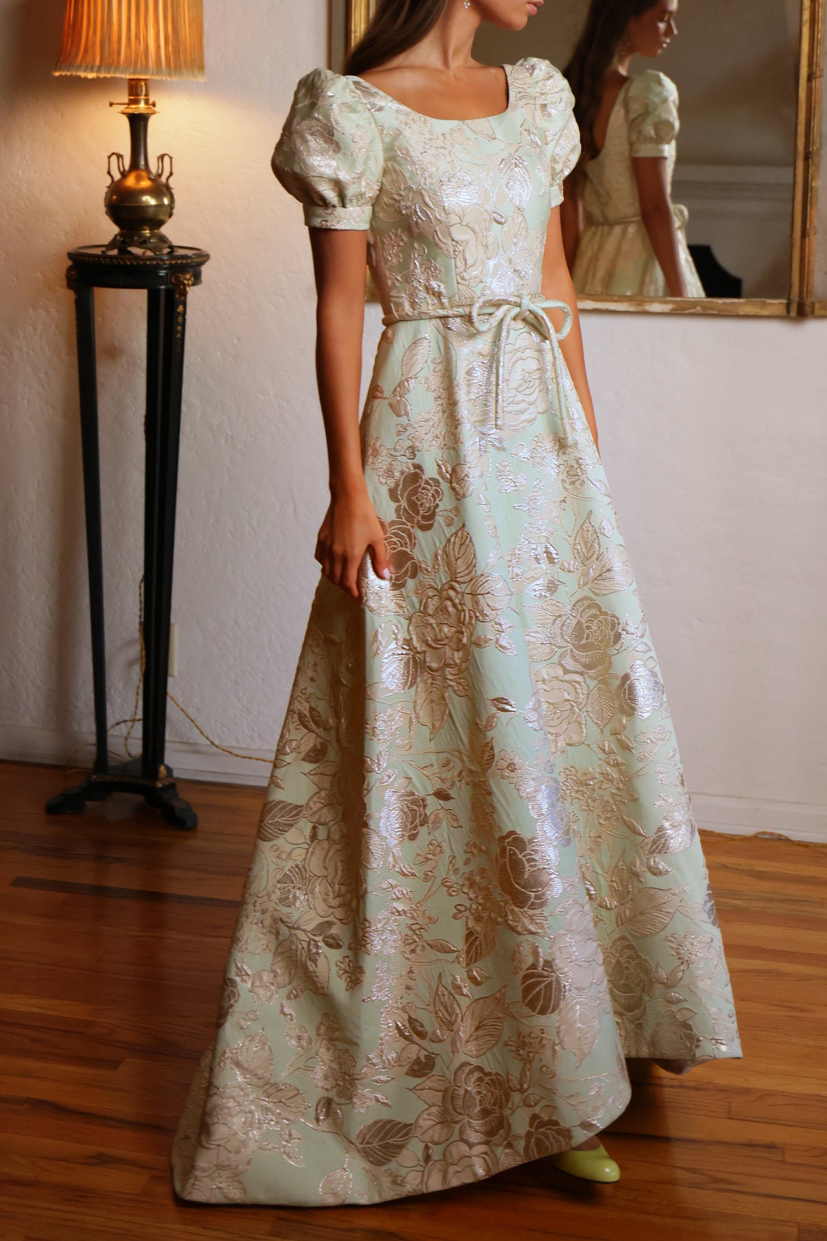 Puffy Sleeve Gown in Jade & Gold Italian Brocade