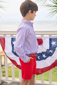 Little English traditional children's clothing.  Blue and red Patriotic Plaid button down shirt for boys.  4th of July shirt for boys