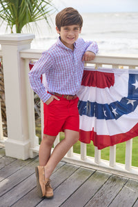 Little English traditional children's clothing.  Blue and red Patriotic Plaid button down shirt for boys.  4th of July shirt for boys