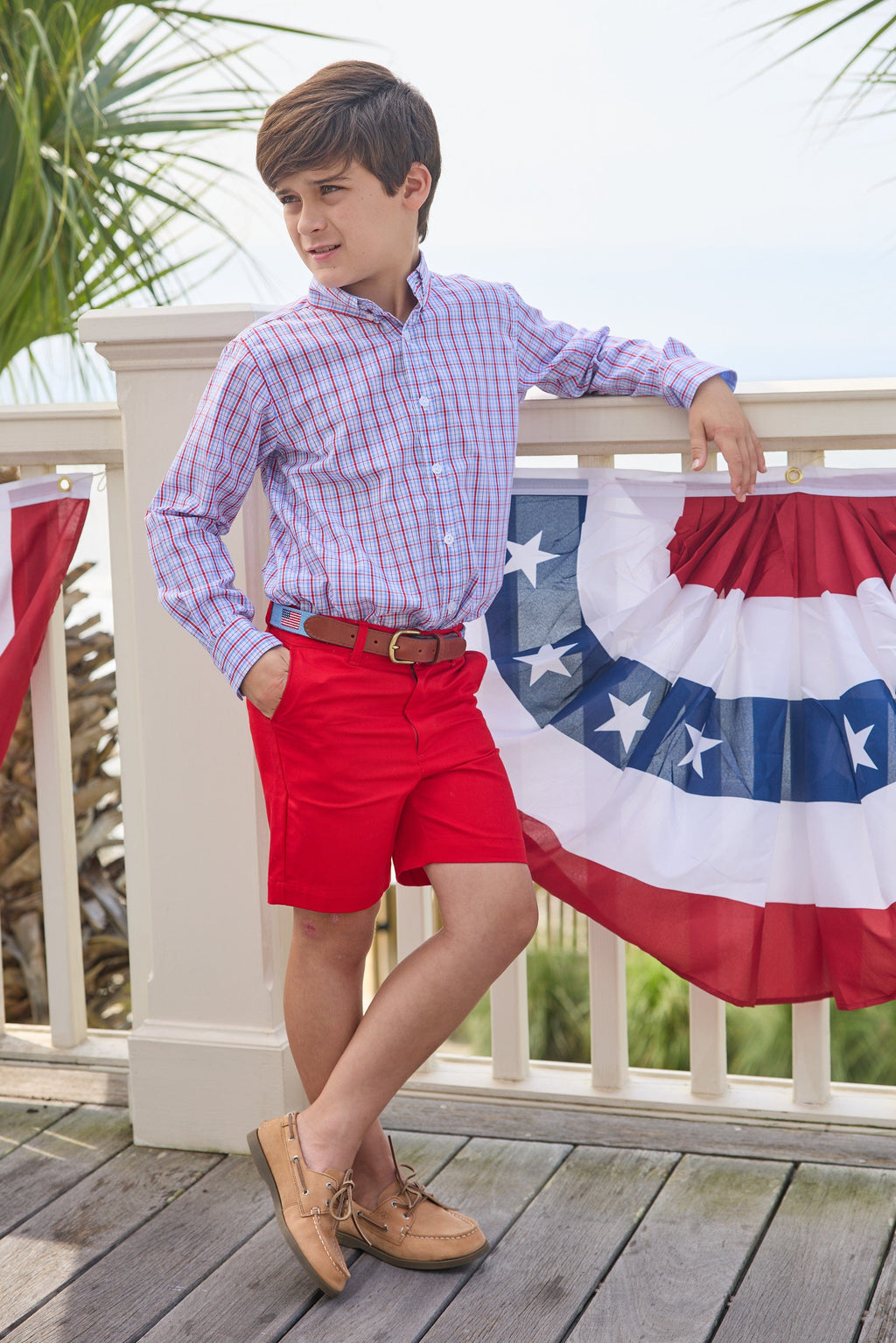 Little English traditional children's clothing.  Blue and red Patriotic Plaid button down shirt for boys.  4th of July shirt for boys