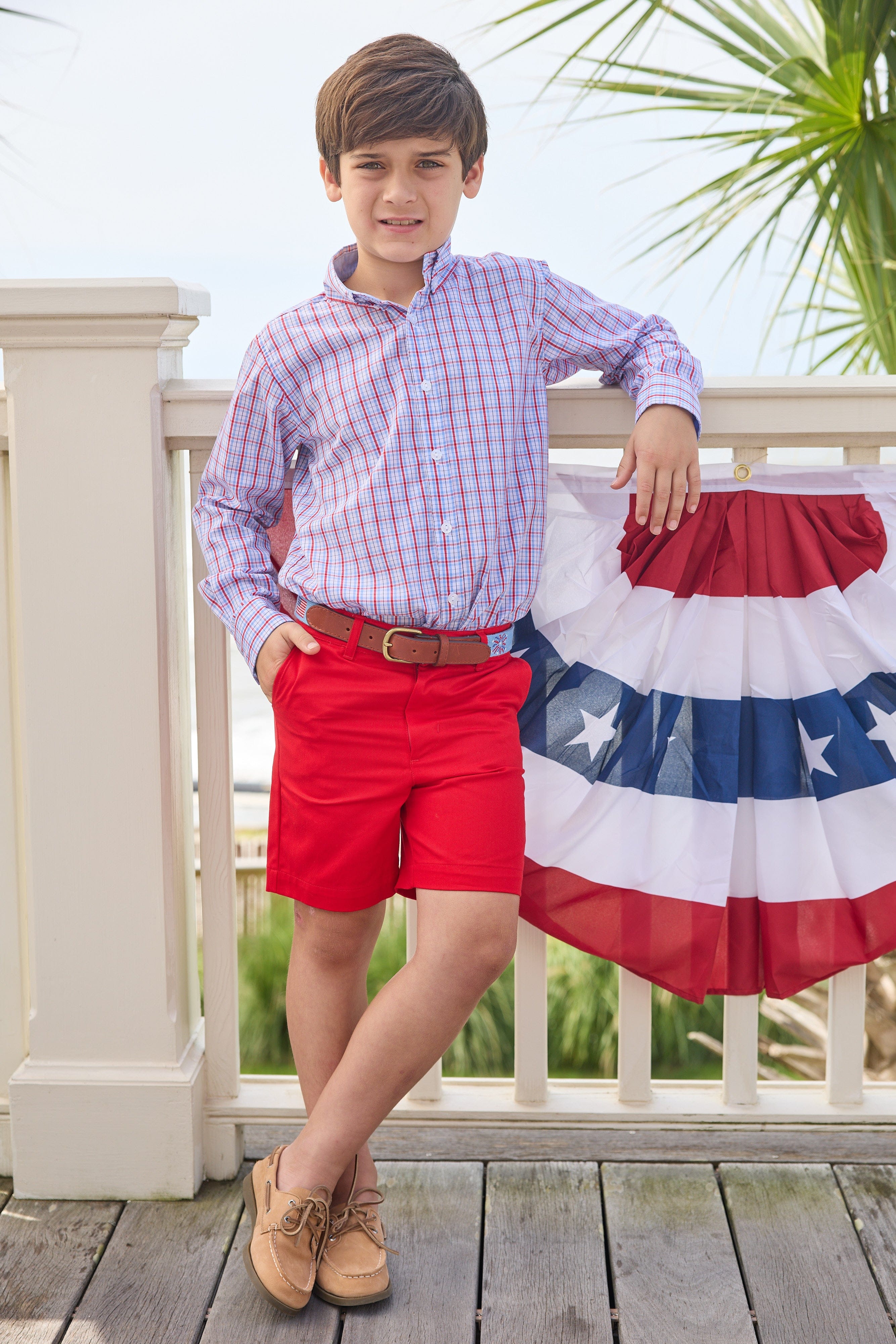 Little English traditional children's clothing.  Blue and red Patriotic Plaid button down shirt for boys.  4th of July shirt for boys
