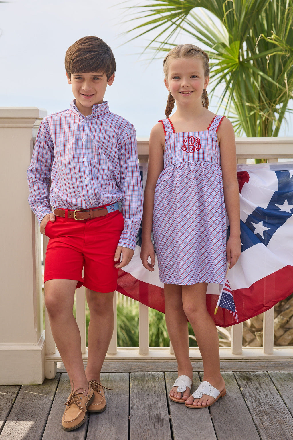Little English traditional children's clothing.  Blue and red Patriotic Plaid button down shirt for boys.  4th of July shirt for boys