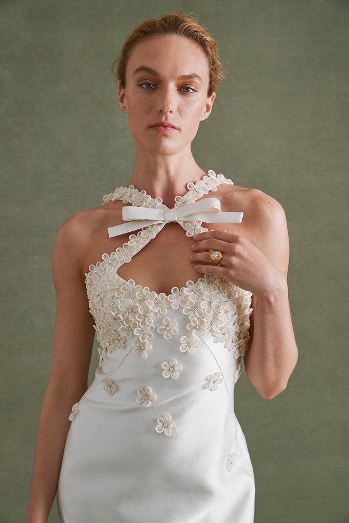 Delphine Dress in Ivory Silk Wool with Floral Appliqu 2 Delphine Dress in Ivory Silk Wool with Floral Appliqu 2