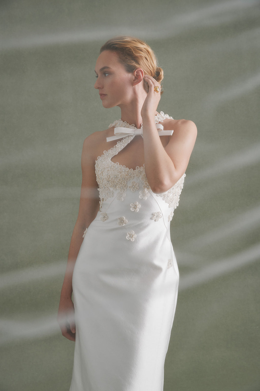 Delphine Dress in Ivory Silk Wool with Floral Appliqu 2