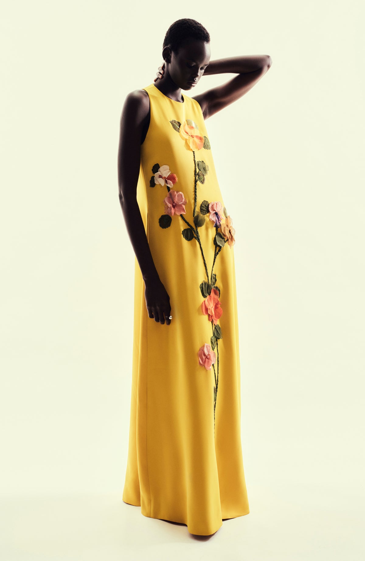 Fluid Crepe Floral Embroidery Francie Gown in Mustard Multi