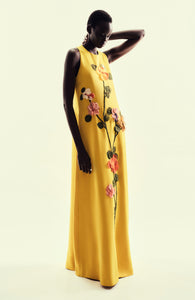 Fluid Crepe Floral Embroidery Francie Gown in Mustard Multi