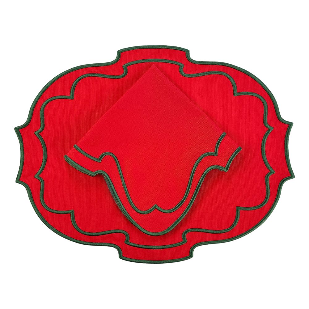 Red placemat with green scalloped embroidery. Christmas luxury placemat and matching napkin
