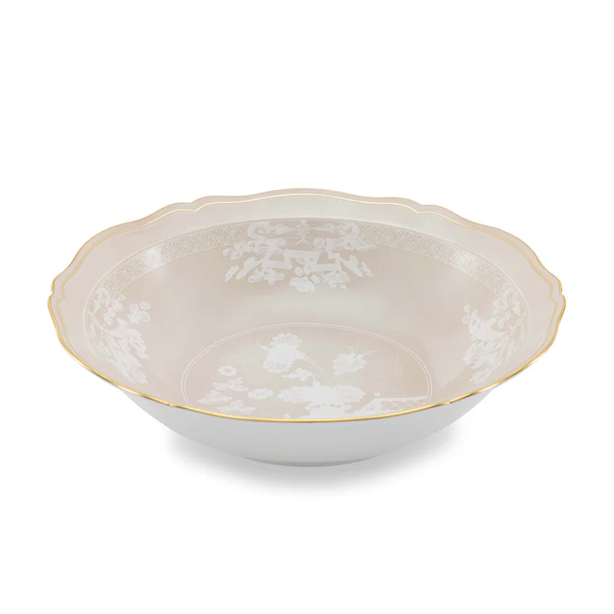 Front view of Antico Doccia round deep tray showcasing scalloped rim, gold edge, and pale cream floral interior on white background
