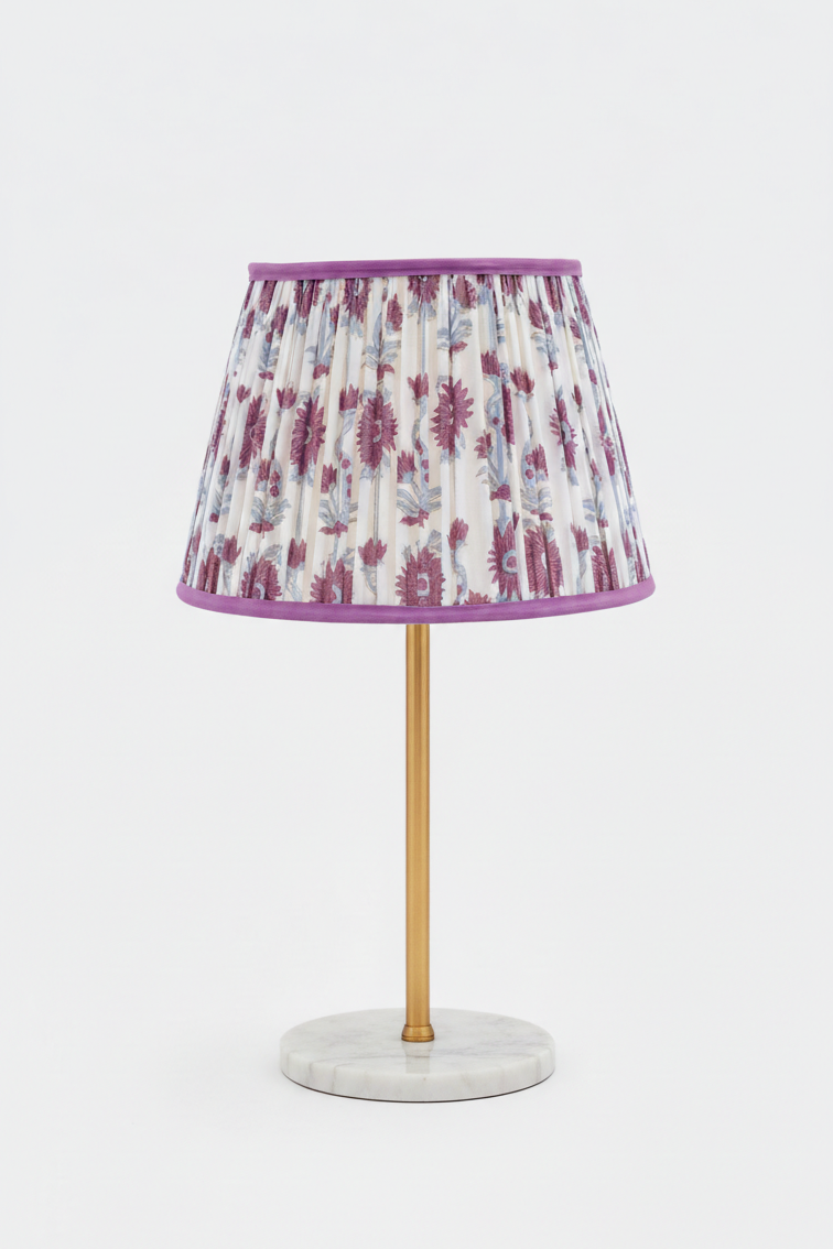 14" pleated blockprint empire table lamp with purple floral shade - Inner Child