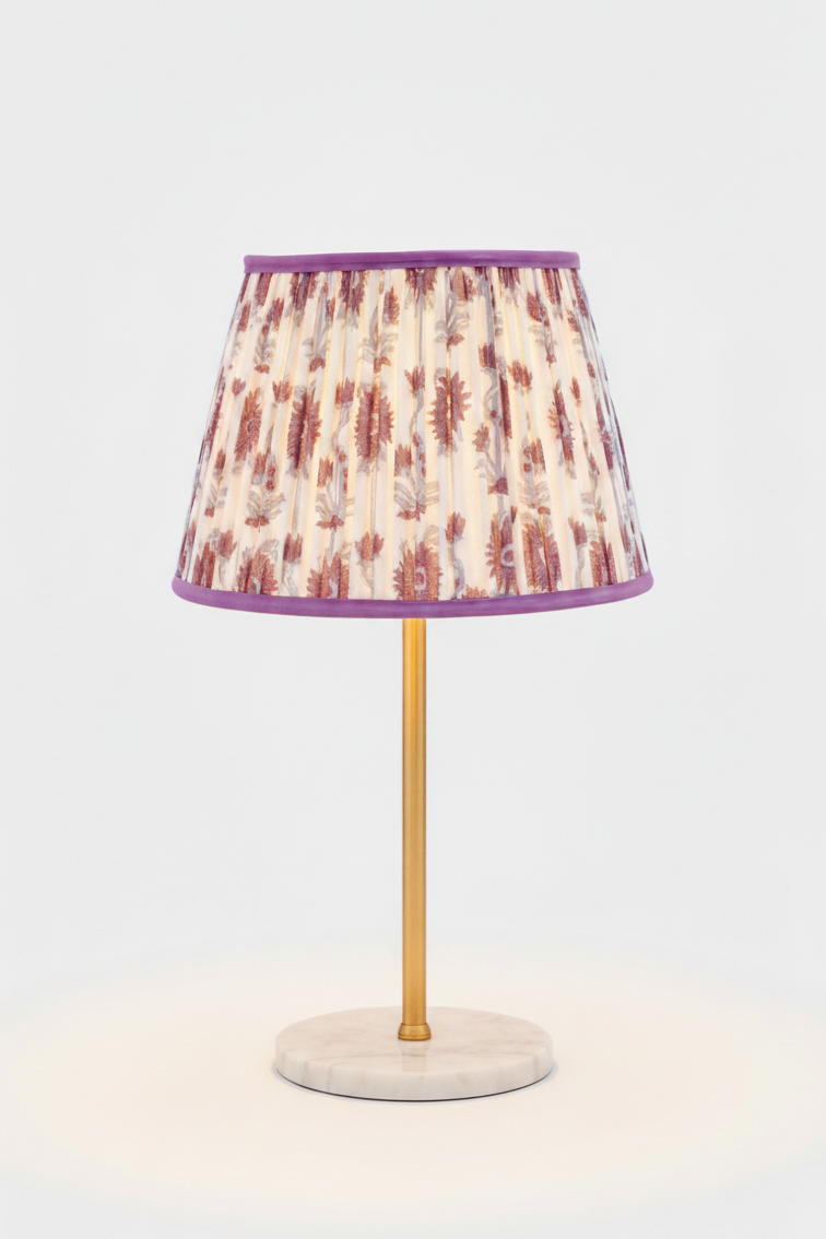 14-inch pleated blockprint empire lampshade with floral vine pattern in purple,2. Close-up of 14-inch pleated blockprint empire lampshade with floral vine pattern in purple