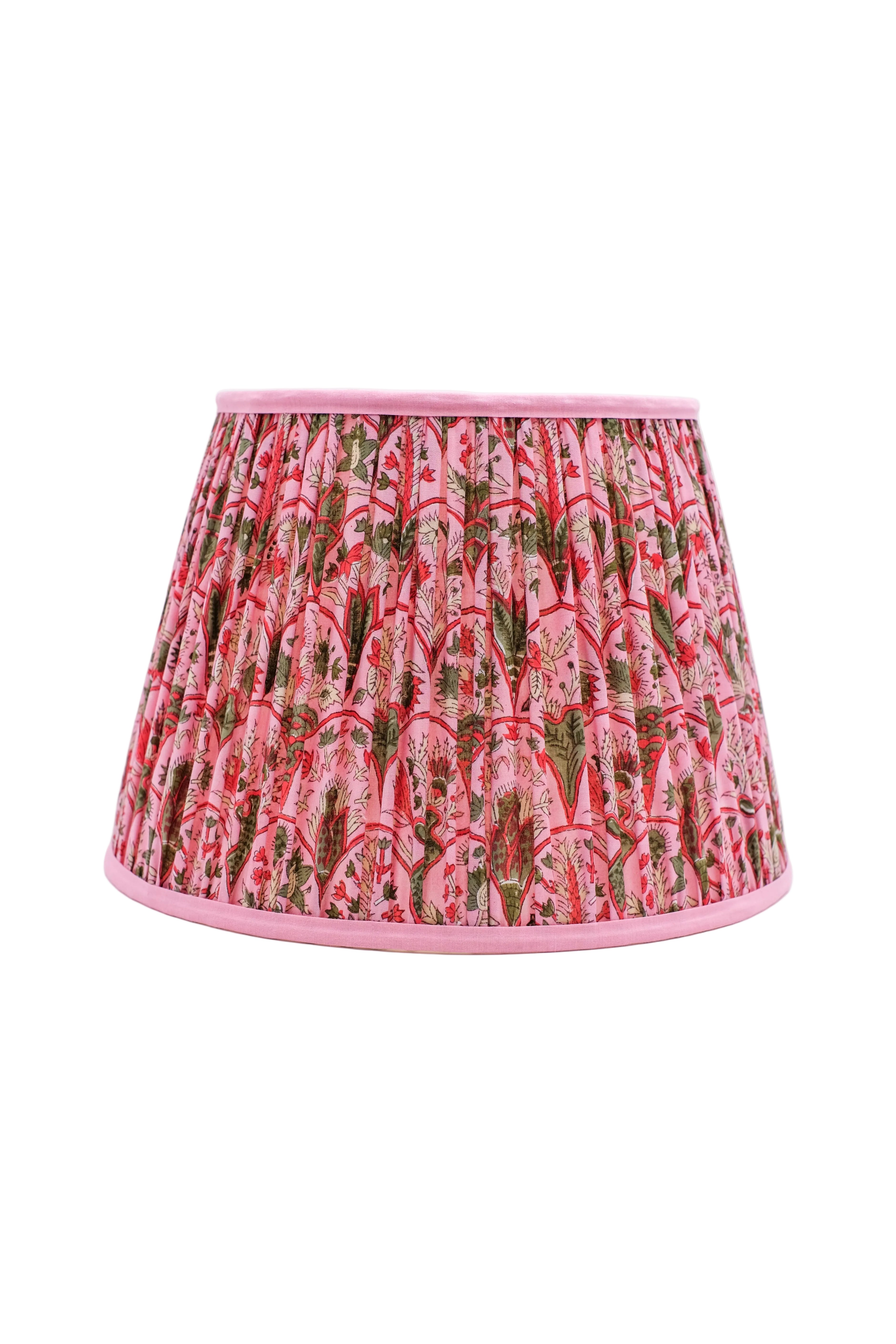 14-inch pleated blockprint empire lampshade with pink arch pattern
