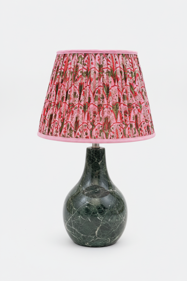 14-inch pleated blockprint empire lampshade with pink arch pattern