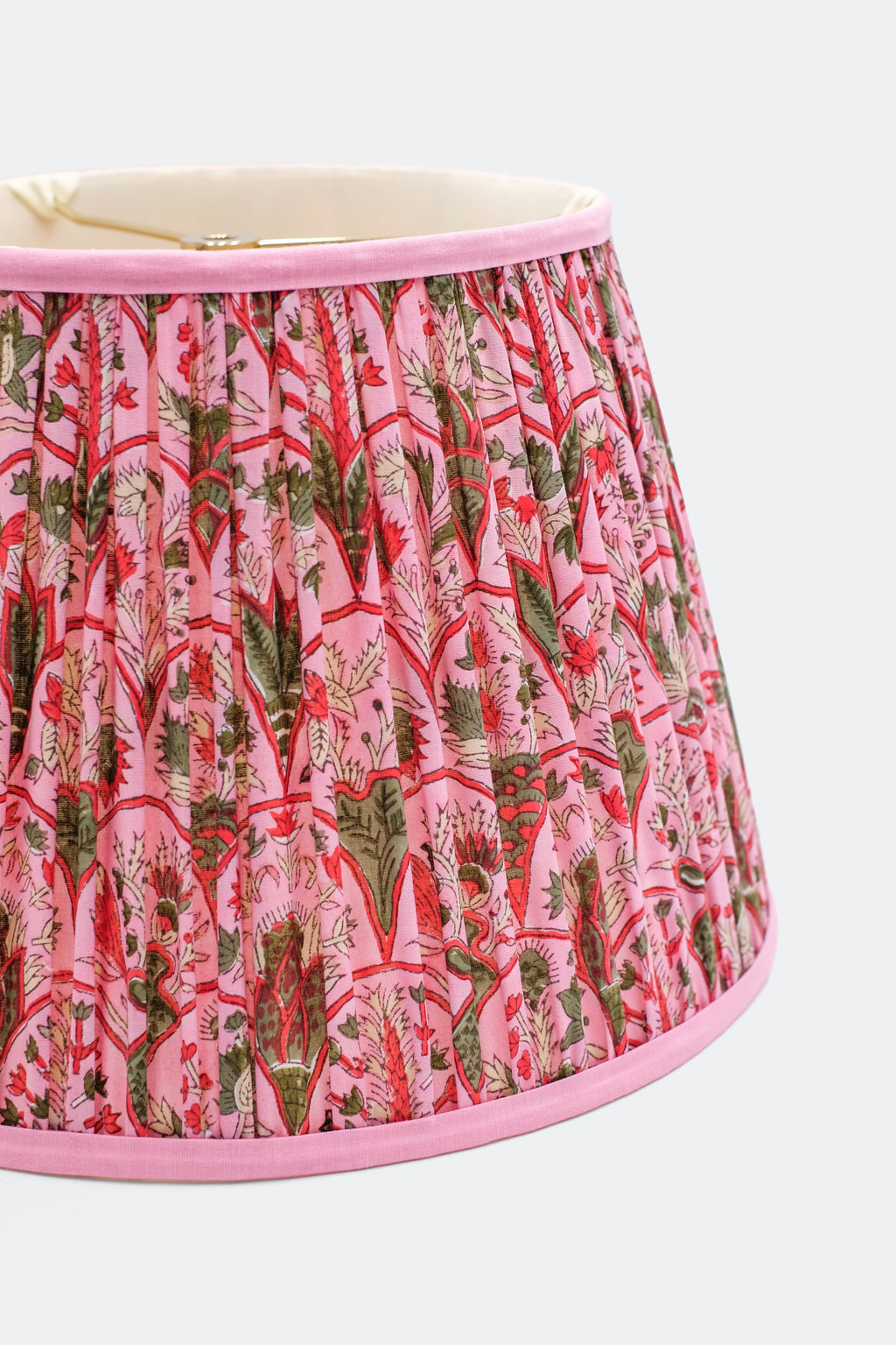 14" pleated blockprint pink arch lampshade with floral fabric
