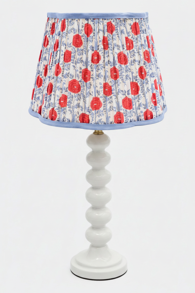 14" pleated blockprint araminta red lampshade on white stacked base