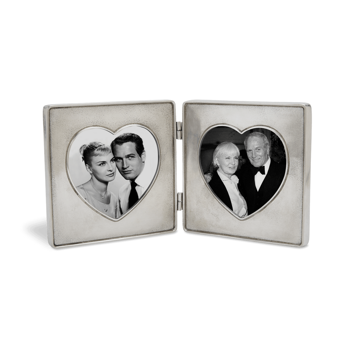 Open view of the Double Heart Frame showcasing two heart-shaped photo openings in sculpted pewter with a black background