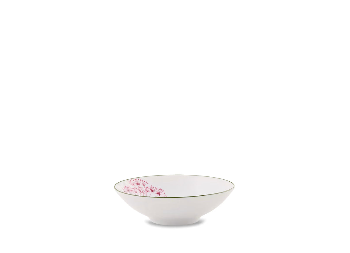Front view of Florenza Malva Fondo Bianco Venezia fruit bowl showcasing pink floral motif and green rim on white background