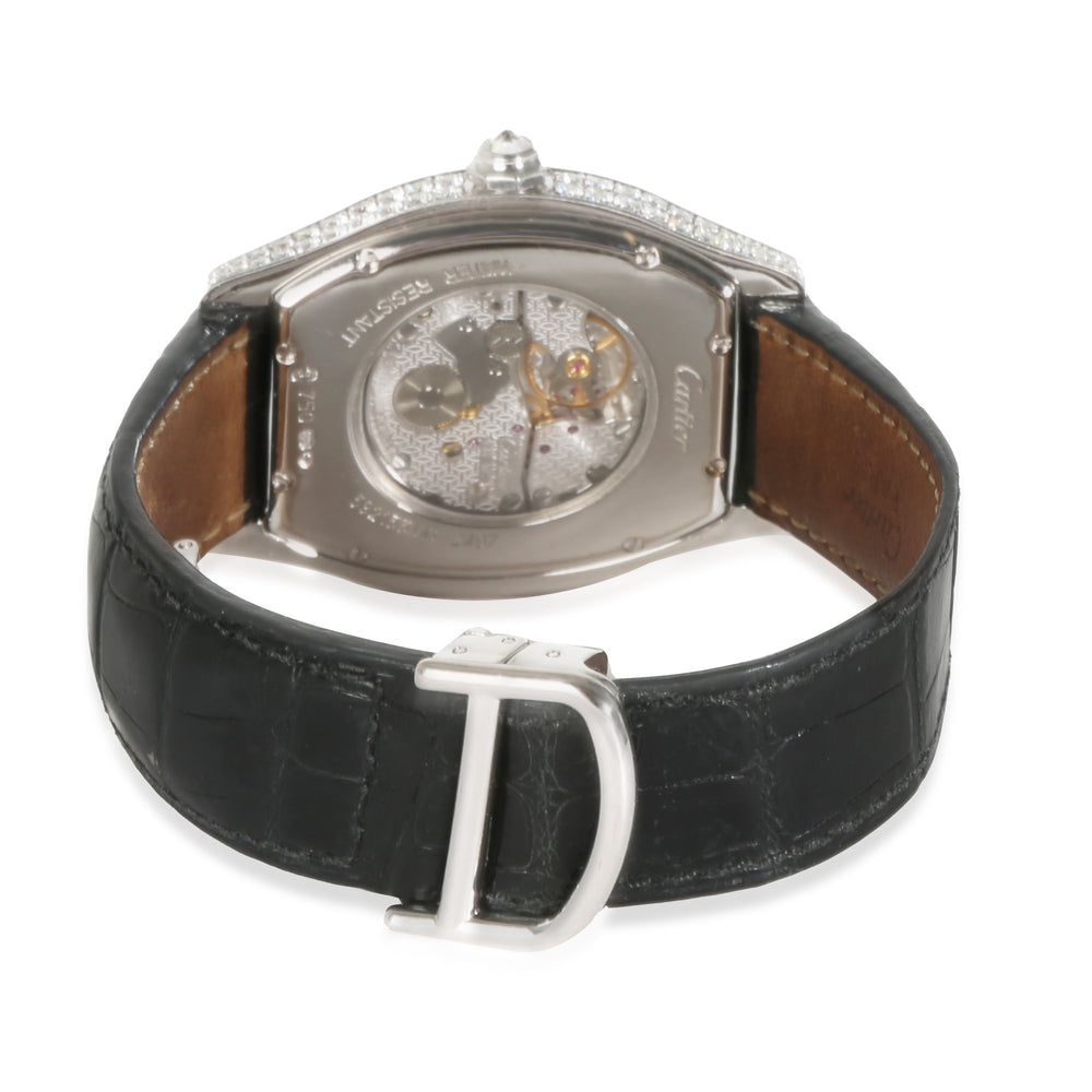 Rear view of Cartier Tortue WA504351 unisex watch in 18kt white gold showcasing exhibition caseback movement and black alligator strap on white background