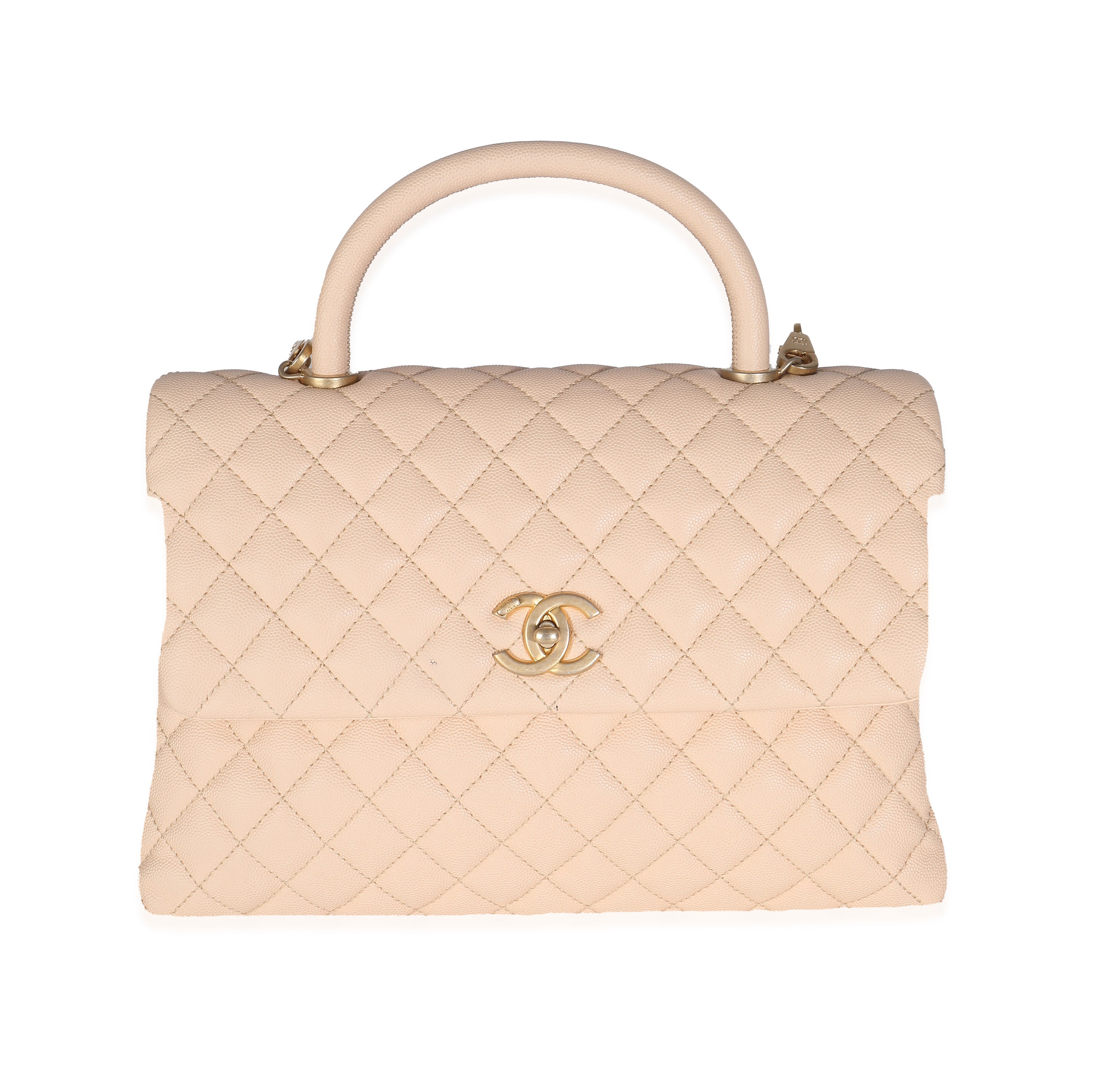 Chanel Beige Quilted Caviar Medium Coco Top Handle Handbag