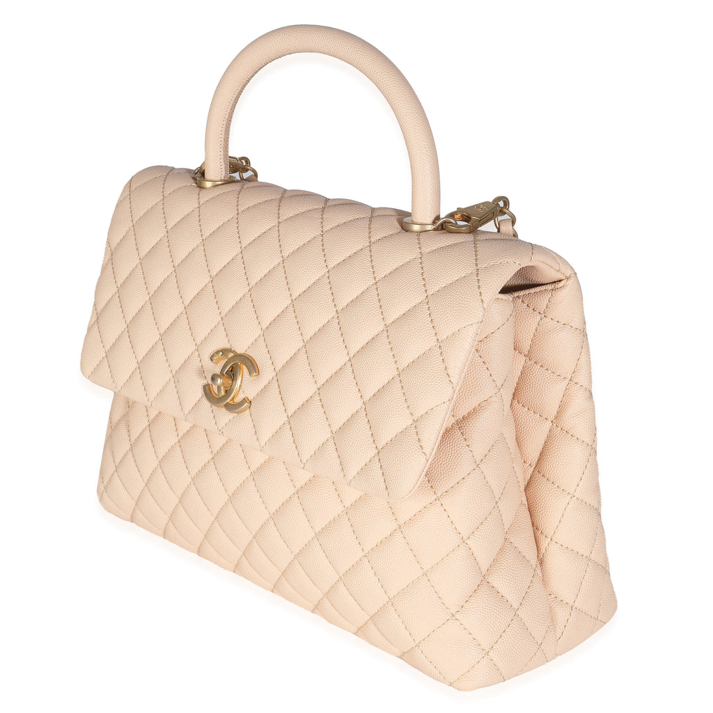 Chanel Beige Quilted Caviar Medium Coco Top Handle Handbag