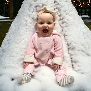 Cotton Seedstitch Double Breasted Jacket in Pink & Cream