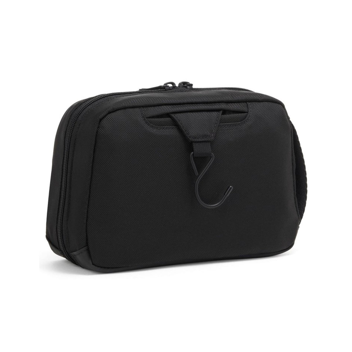 Three-quarter view of Alpha Bravo Response Travel Kit in black showcasing front hanging hook and zippered main compartment on white background