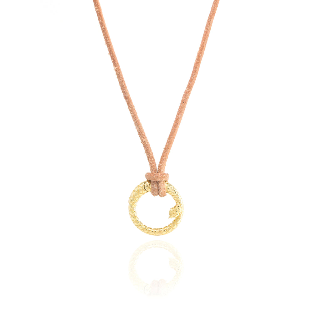 Front view of adjustable tan leather necklace with textured 18k yellow gold snake ring clasp on white background