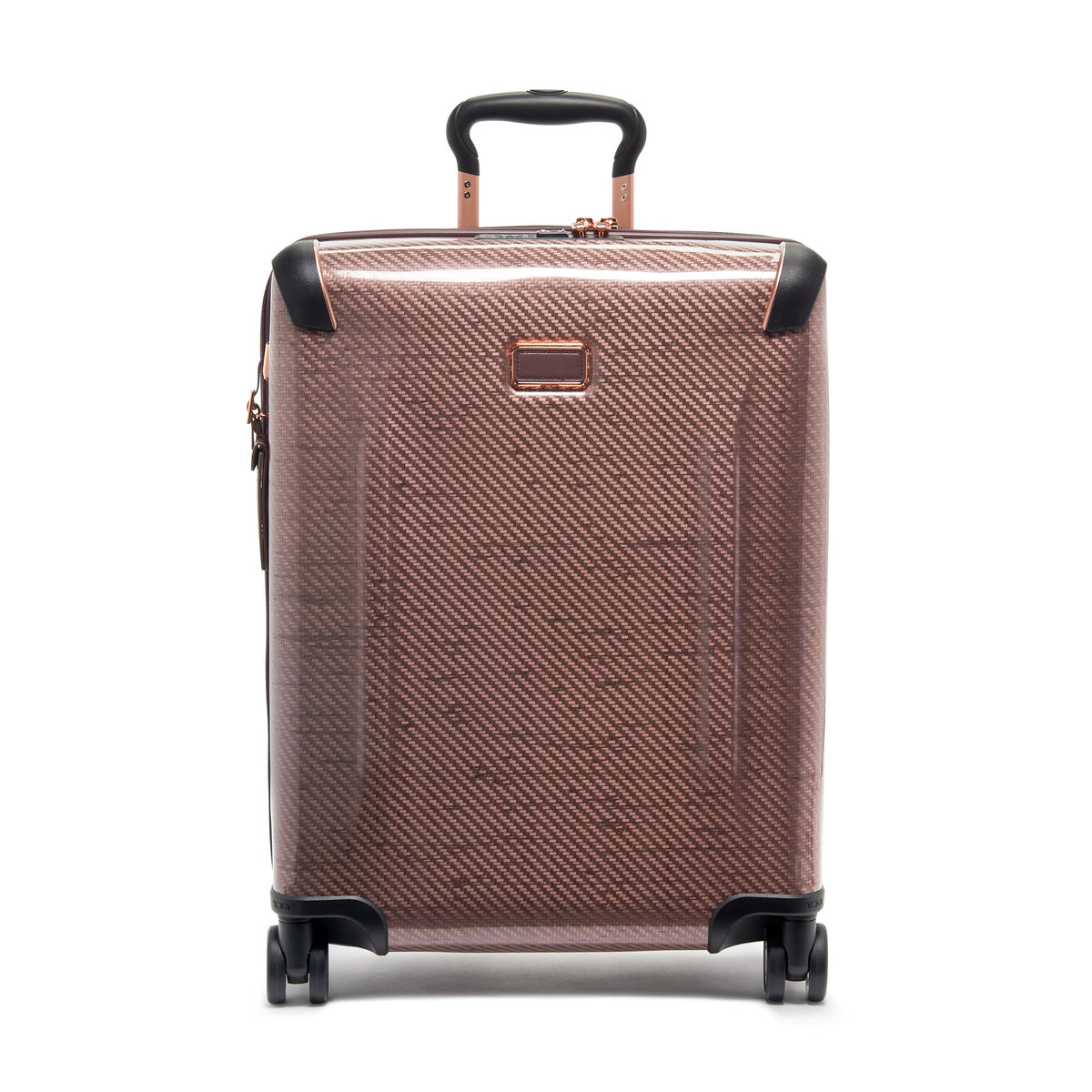 Front view of Tegra-Lite expandable carry-on in Blush showcasing sculptural Tegris exterior, handle, and four spinner wheels