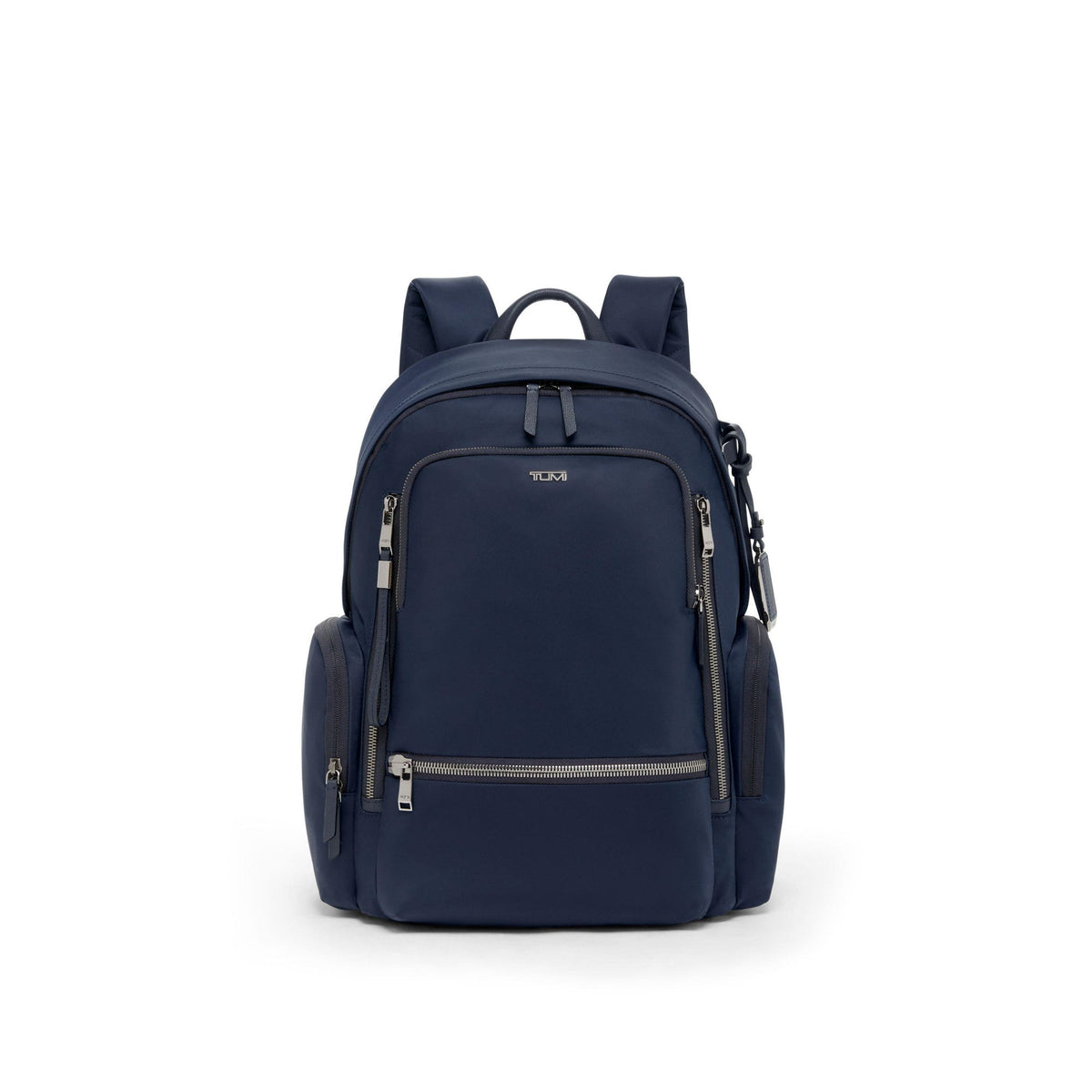 Front view of TUMI Voyageur Celina backpack in indigo with zip pockets, padded straps and leather top handle
